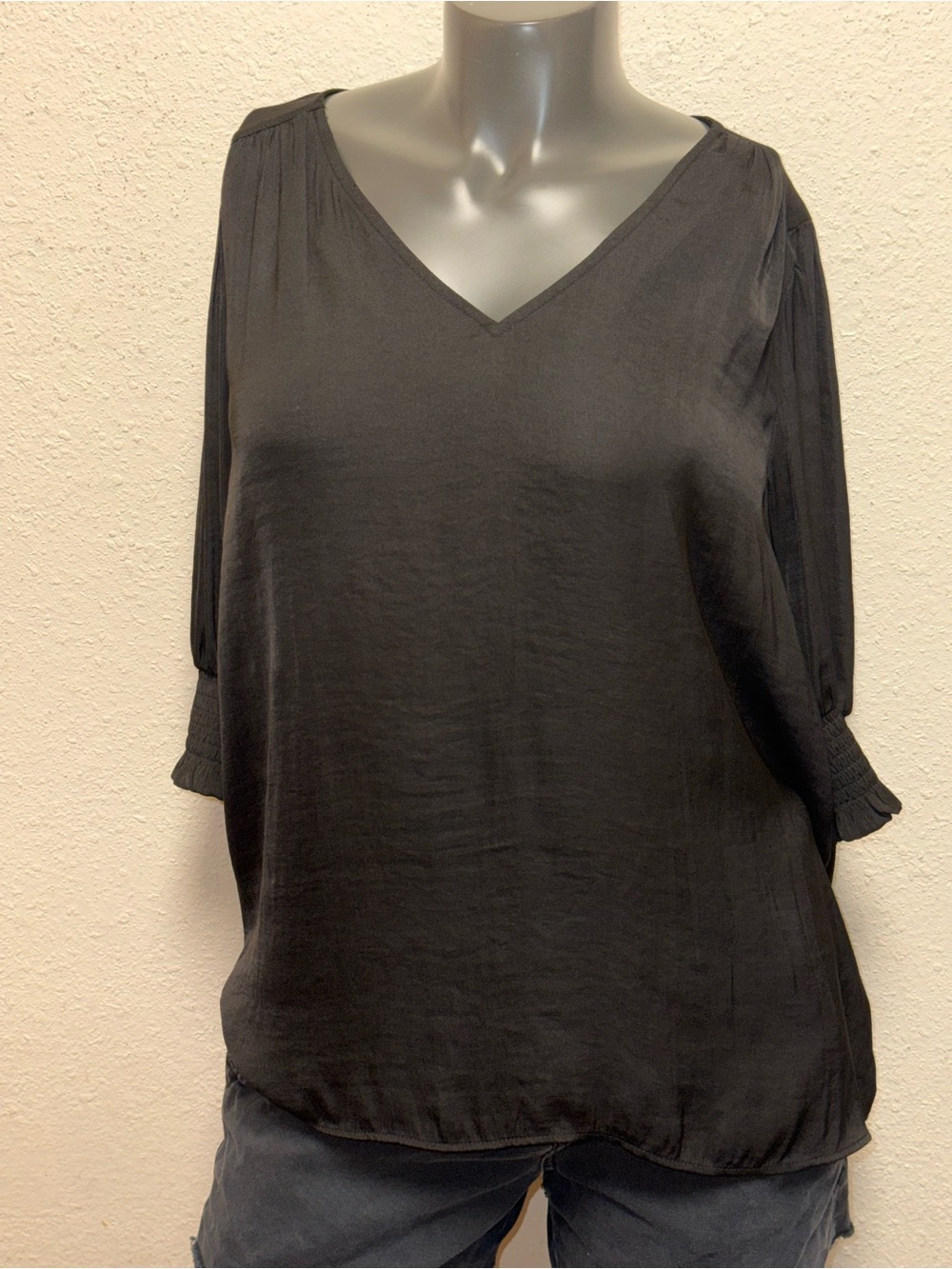 Rachel roy Black V-Neck Pleated Sleeve Blouse with Smocked Cuffs